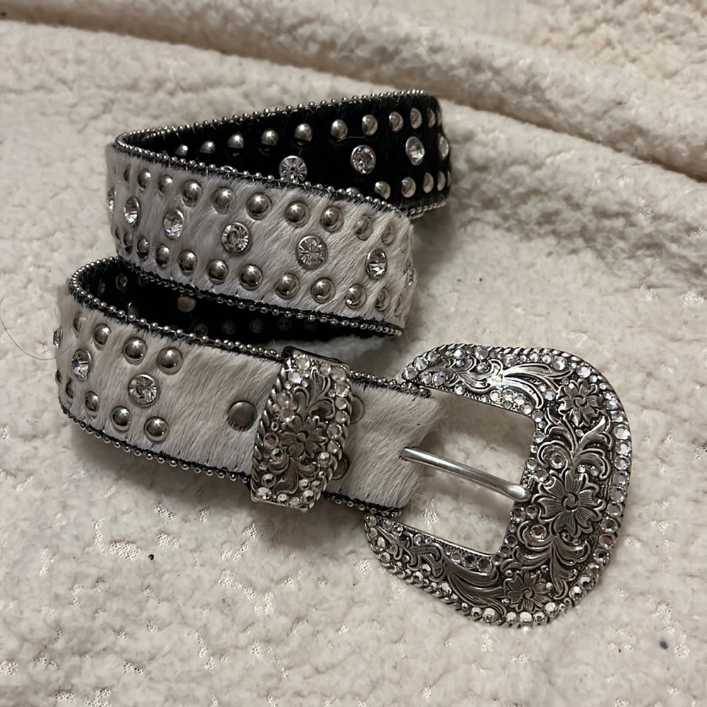 Black and white cow hide western belt